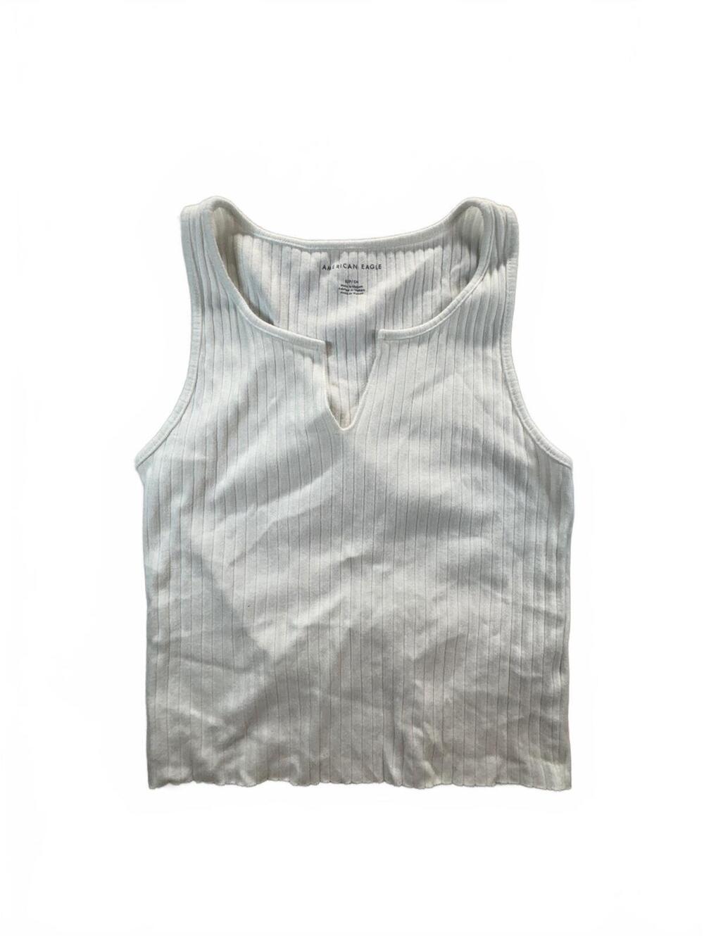 American Eagle Women’s S White Ribbed Split Neck Tank Top Sleeveless Basic